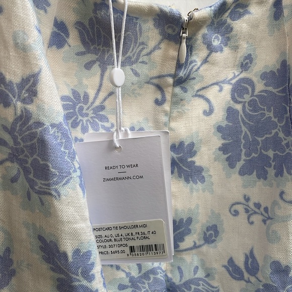 ZIMMERMANN | Postcard Tie Shoulder Midi Dress| Blue Tonal Florall - Picture 9 of 11
